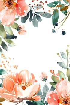 A watercolor painting of a flowery background with a pink flower in the center. Painted watercolor floral border or frame for wedding invitations