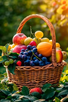 Basket with fresh fruits in the garden. Selective focus. Food.