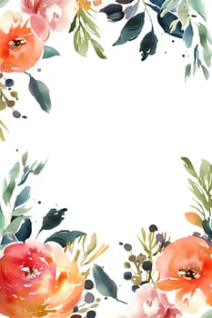 A watercolor painting of a flowery background with a pink flower in the center. Painted watercolor floral border or frame for wedding invitations