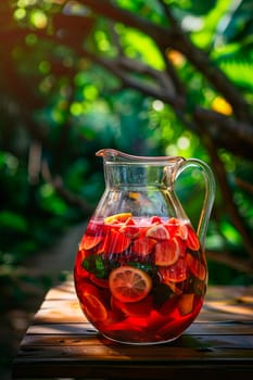 A jug of sangria in the garden. Selective focus. Drink.