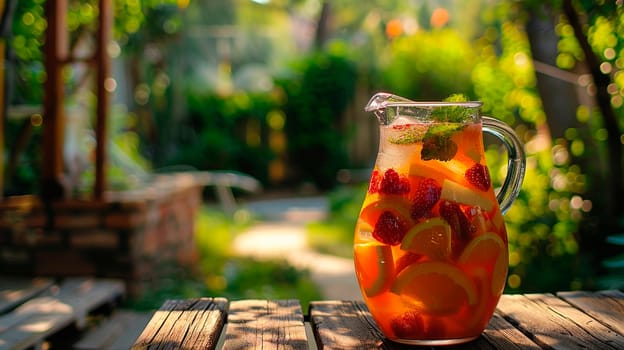 A jug of sangria in the garden. Selective focus. Drink.