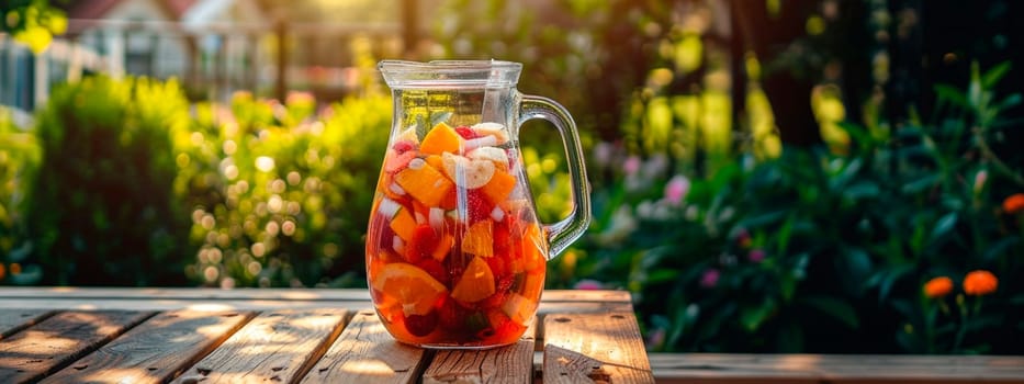 A jug of sangria in the garden. Selective focus. Drink.