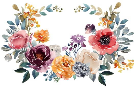 A watercolor painting of a flowery border with roses flowers. The flowers are arranged in a way that creates a sense of movement and flow.