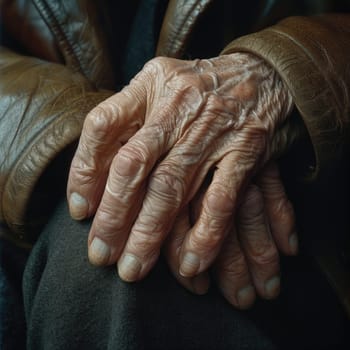 Close-up of an old persons hands with fingers crossed.