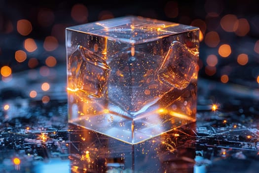 Close-up of a luminous ice cube on a reflective surface surrounded by sparkling dots and soft bokeh light effects.