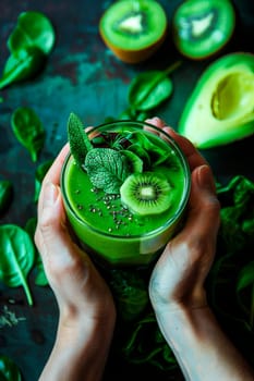 Smoothie with green vegetables and fruits in hands. Selective focus. Drink.