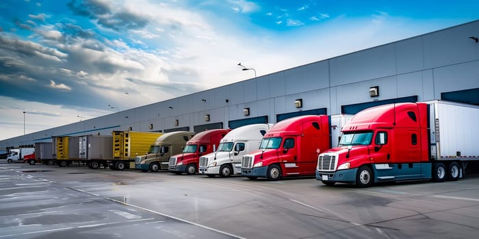 Semi Trailer Trucks on The Parking Lot. Trucks Loading at Dock Warehouse. Shipping Cargo Container Delivery Trucks. Distribution Warehouse. Freight Trucks Cargo Transport. Warehouse Logistic