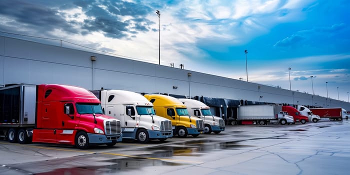 Semi Trailer Trucks on The Parking Lot. Trucks Loading at Dock Warehouse. Shipping Cargo Container Delivery Trucks. Distribution Warehouse. Freight Trucks Cargo Transport. Warehouse Logistic