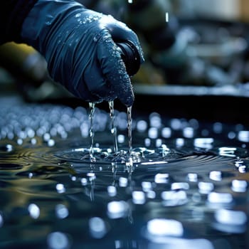 A detailed shot capturing gloved hands with viscous oil dripping, contrasting against a dark workshop background.