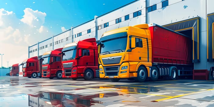 Semi Trailer Trucks on The Parking Lot. Trucks Loading at Dock Warehouse. Shipping Cargo Container Delivery Trucks. Distribution Warehouse. Freight Trucks Cargo Transport. Warehouse Logistic