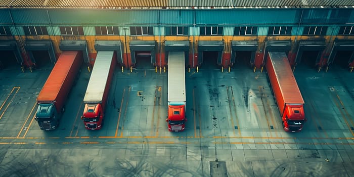 Semi Trailer Trucks on The Parking Lot. Trucks Loading at Dock Warehouse. Shipping Cargo Container Delivery Trucks. Distribution Warehouse. Freight Trucks Cargo Transport. Warehouse Logistic