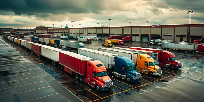 Semi Trailer Trucks on The Parking Lot. Trucks Loading at Dock Warehouse. Shipping Cargo Container Delivery Trucks. Distribution Warehouse. Freight Trucks Cargo Transport. Warehouse Logistic