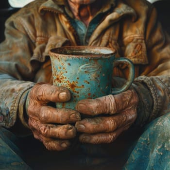 A depiction of a male worker in dirty clothing holding a cup.