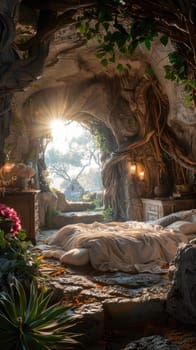 A bed sits in a cave as sunlight streams through a window, illuminating the serene setting.