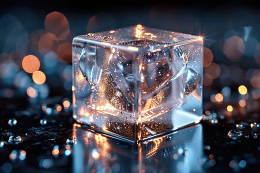 A close-up of a sparkling ice cube with a glow, set against a dark background with bokeh lights.