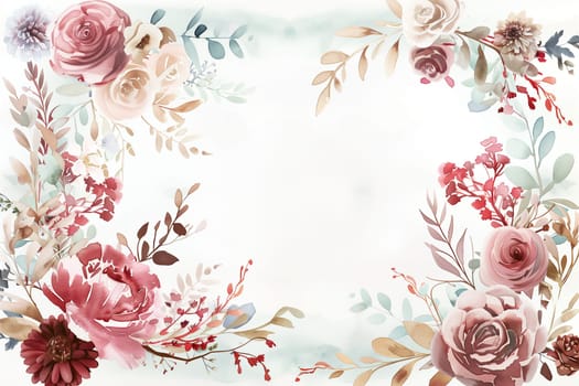 A watercolor painting of a flowery background with a pink flower in the center. Painted watercolor floral border or frame for wedding invitations