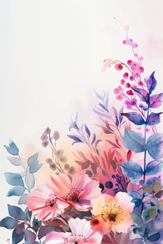 A watercolor painting of a flowery background with a pink flower in the center. Painted watercolor floral border or frame for wedding invitations