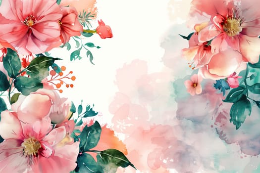 A watercolor painting of a flowery border with roses flowers. The flowers are arranged in a way that creates a sense of movement and flow.