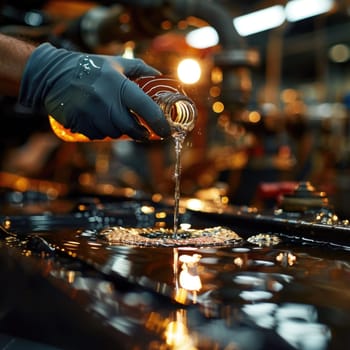 A detailed image capturing hands with gloves pouring oil, highlighting the beauty of manual work.