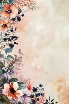 A watercolor painting of a flowery background with a pink flower in the center. Painted watercolor floral border or frame for wedding invitations