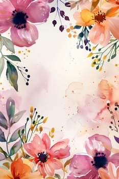 A watercolor painting of a flowery background with a pink flower in the center. Painted watercolor floral border or frame for wedding invitations