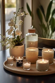 An arrangement of candles and flowers on a tray, evoking a serene ambiance.
