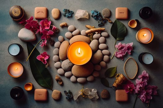 A serene arrangement of candles, stones, and flowers for meditation or relaxation.