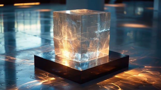 An artistic ice cube sculpture bathed in warm light, creating reflections on a sleek surface, exemplifying modern art installations.