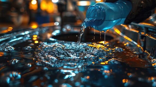 A close-up image capturing the act of oil being poured over metallic mechanical parts, highlighting textures and details.