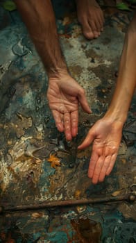 A close-up capture of a male and female hand engaging in a handshake, set against a wet, colorful autumn surface with details of fallen leaves and droplets.