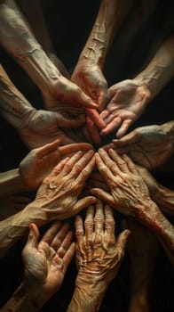 A powerful image depicting various hands engaging in a complex handshake, symbolizing unity and cooperation across cultures.