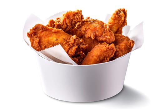 Fried chicken wings explosion from a white bowl. Fast food and snack concept isolated on white background. High-speed photography with copy space for design and print