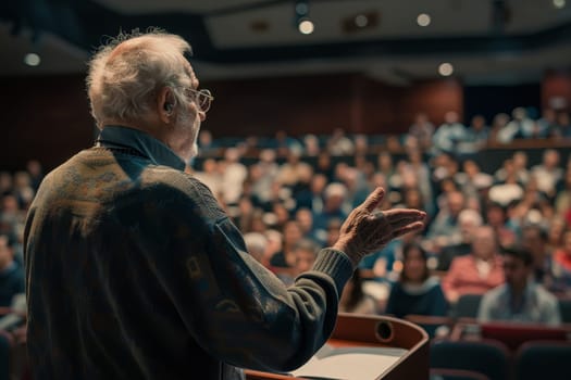 An informed individual with Parkinson's engages an audience at an awareness event. His speech is a powerful tool for education and community support