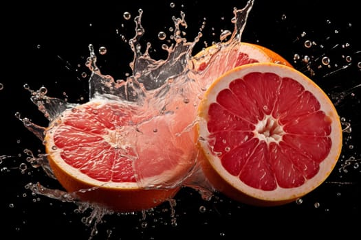 Grapefruit halves with water splash isolated on black background. Freshness and healthy eating concept. High-speed liquid photography
