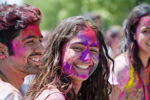 An interfaith Holi celebration captures smiling faces painted with colors, symbolizing unity and happiness. The joyous expressions reflect the essence of Holi, where diversity is embraced and celebrated together