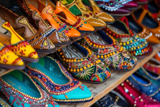 A vibrant display of ethnic footwear, with intricate patterns and beads. Each pair tells a story of cultural craftsmanship.