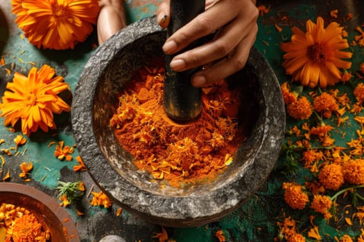 Elderly hands grind dried marigold flowers in a stone mortar, releasing vibrant orange hues and age-old traditions. The texture of the petals and the rustic mortar evoke a sense of the timeless cultural practices