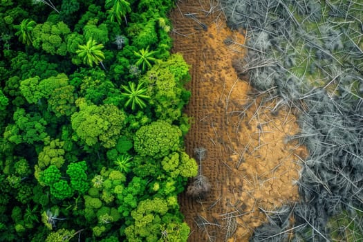 A bird's-eye view showcases the stark contrast between a lush forest and encroaching desertification. Nature's battle is evident