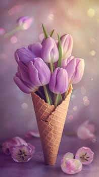 A stunning arrangement of purple tulips placed in an ice cream cone, creating a unique and eyecatching still life photography subject