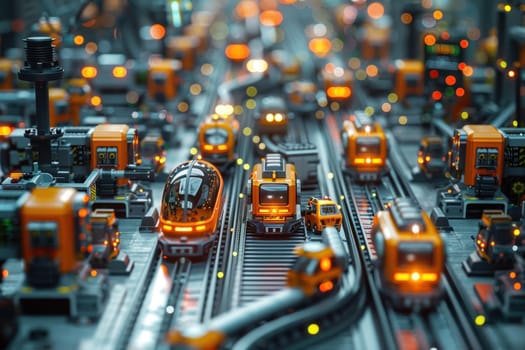 A city bustling with traffic moves along train tracks filled with cars and people.