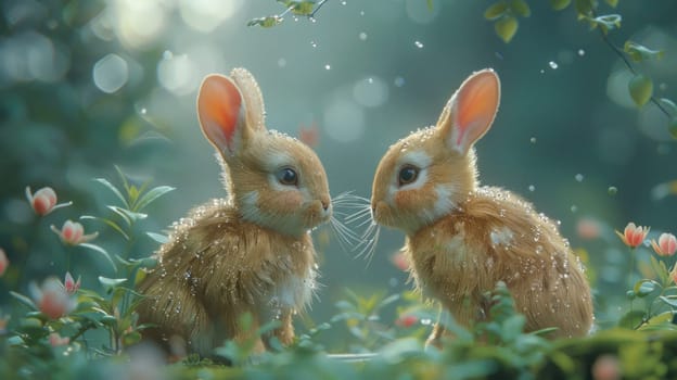 A pair of rabbits sitting side by side in close proximity.