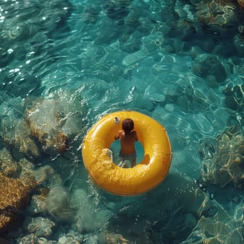 A man floats on an inflatable ring in the ocean.