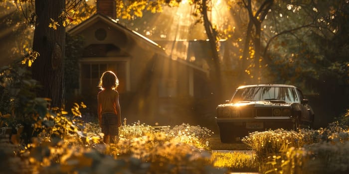 A car belonging to a family on vacation is parked in front of a house surrounded by dense woods.