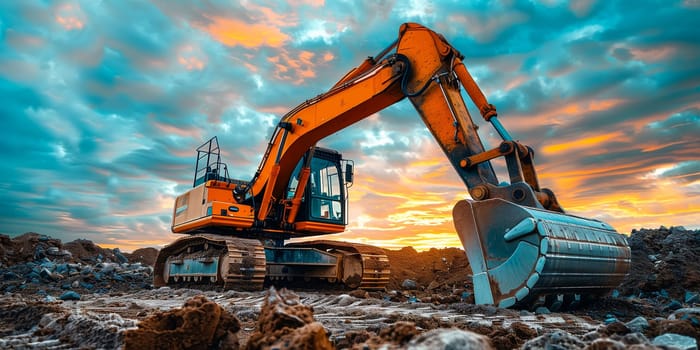 Crawler excavator front view digging on demolition site in backlight.