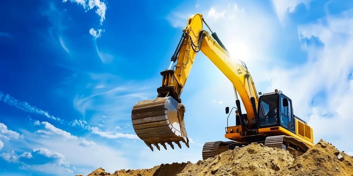 Crawler excavator front view digging on demolition site in backlight.