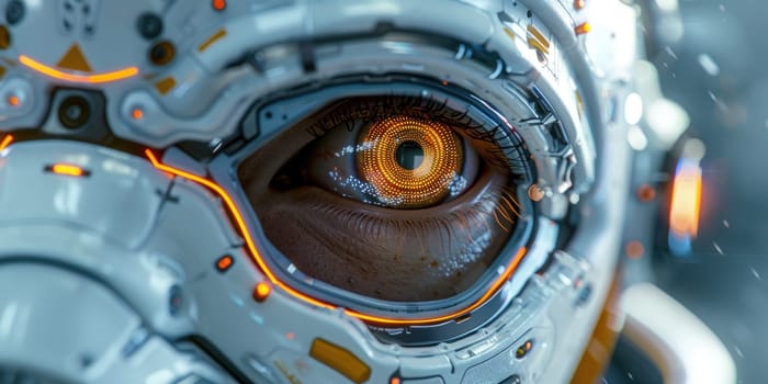 A detailed view of a persons eye wearing a futuristic suit, showcasing intricate details and technology.