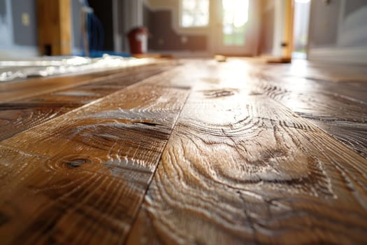 Close-up view of a wooden floor with a door in the background, showcasing the texture and pattern of the planks.