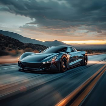 A modern electric sports car in blue color zooming down a road.