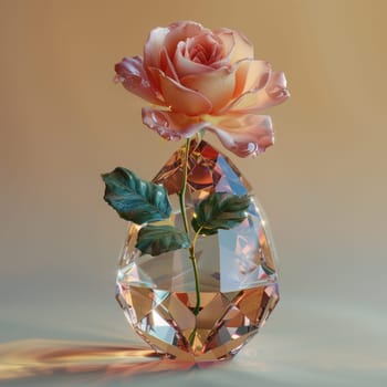 A pink rose resting in a crystal vase accompanied by green leaves.