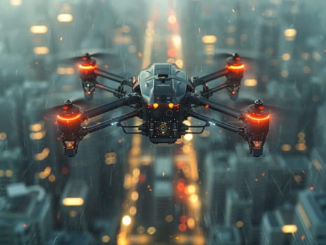 A large black and red drone flying over a bustling city.